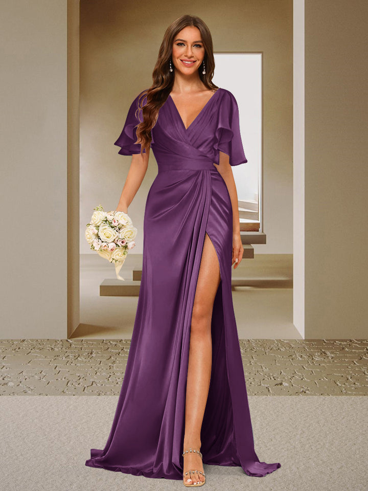 Trumpet/Mermaid V-Neck Short Sleeves Ruched Bridesmaid Dresses with Split Side &amp; Ruffles