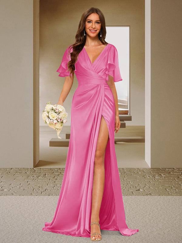 Trumpet/Mermaid V-Neck Short Sleeves Ruched Bridesmaid Dresses with Split Side & Ruffles