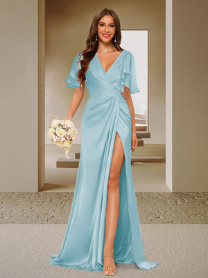 Trumpet/Mermaid V-Neck Short Sleeves Ruched Bridesmaid Dresses with Split Side & Ruffles