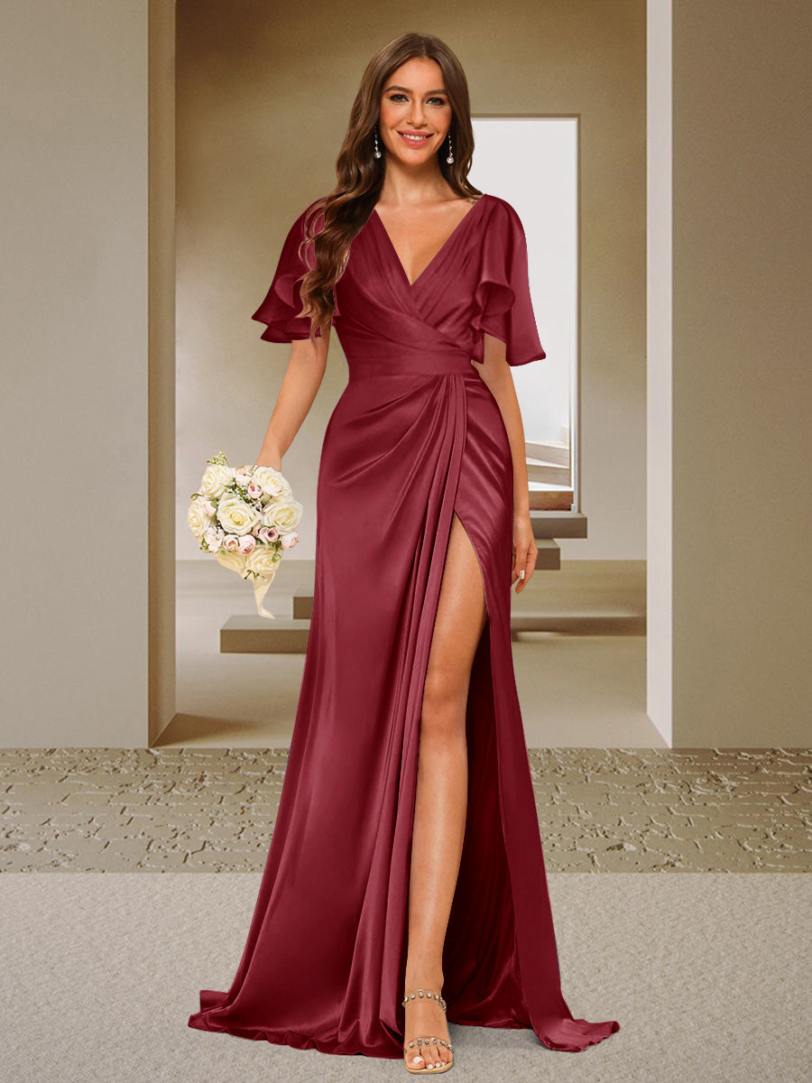 Trumpet/Mermaid V-Neck Short Sleeves Ruched Bridesmaid Dresses with Split Side &amp; Ruffles