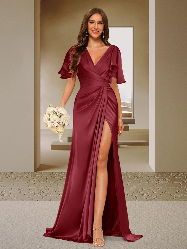 Trumpet/Mermaid V-Neck Short Sleeves Ruched Bridesmaid Dresses with Split Side &amp; Ruffles