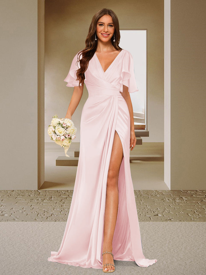 Trumpet/Mermaid V-Neck Short Sleeves Ruched Bridesmaid Dresses with Split Side &amp; Ruffles
