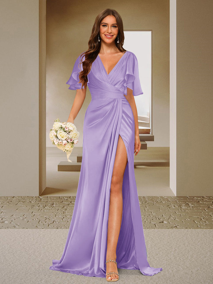 Trumpet/Mermaid V-Neck Short Sleeves Ruched Bridesmaid Dresses with Split Side &amp; Ruffles