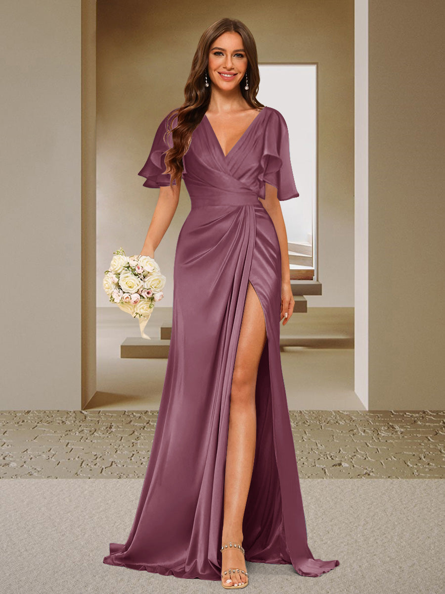 Trumpet/Mermaid V-Neck Short Sleeves Ruched Bridesmaid Dresses with Split Side &amp; Ruffles