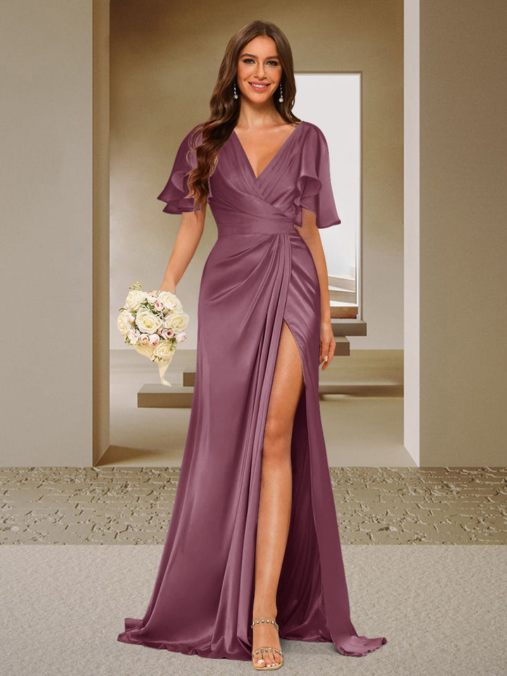Trumpet/Mermaid V-Neck Short Sleeves Ruched Bridesmaid Dresses with Split Side &amp; Ruffles