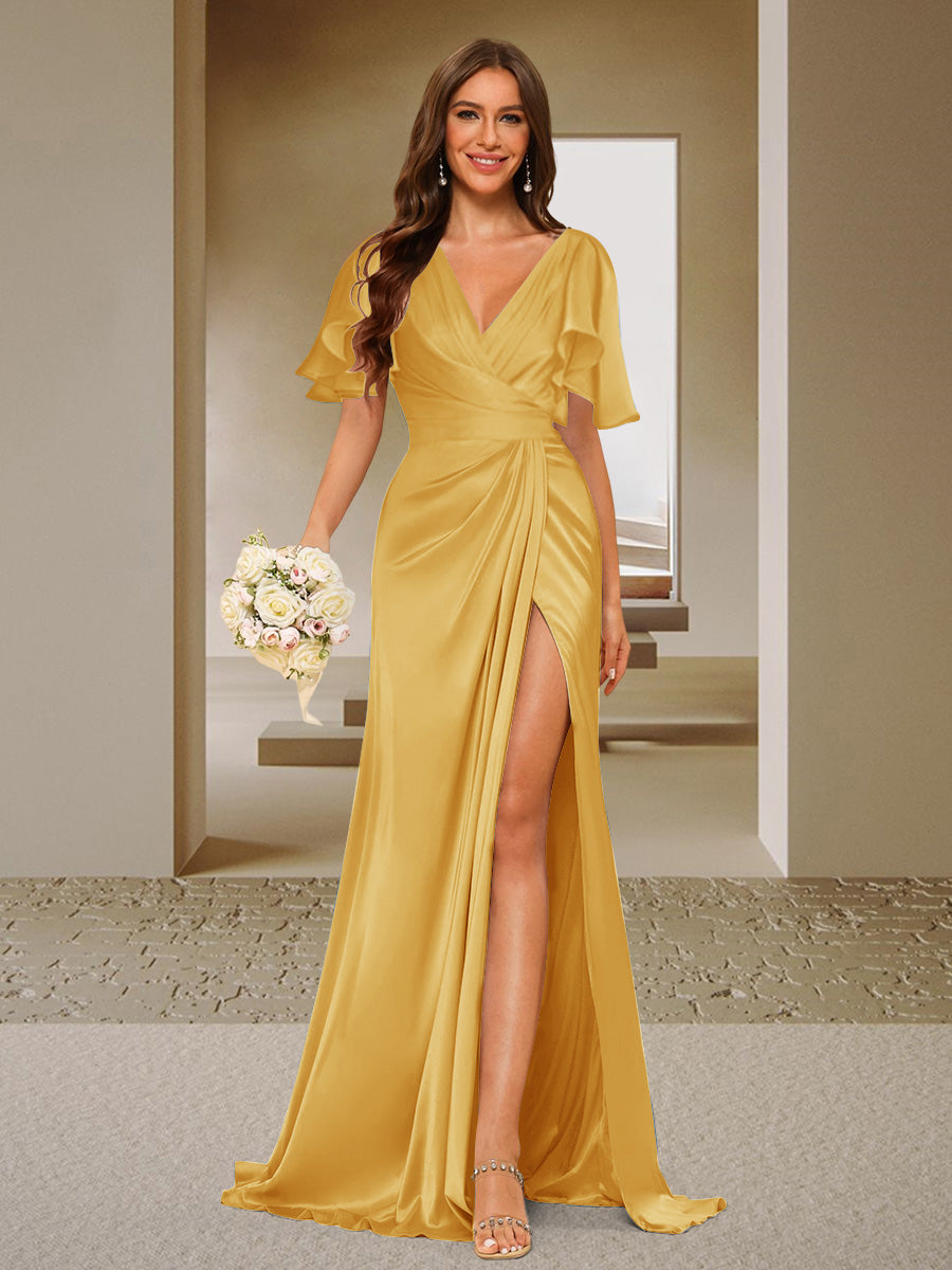 Trumpet/Mermaid V-Neck Short Sleeves Ruched Bridesmaid Dresses with Split Side &amp; Ruffles