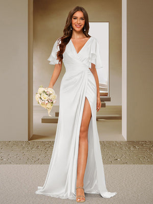 Trumpet/Mermaid V-Neck Short Sleeves Ruched Bridesmaid Dresses with Split Side & Ruffles