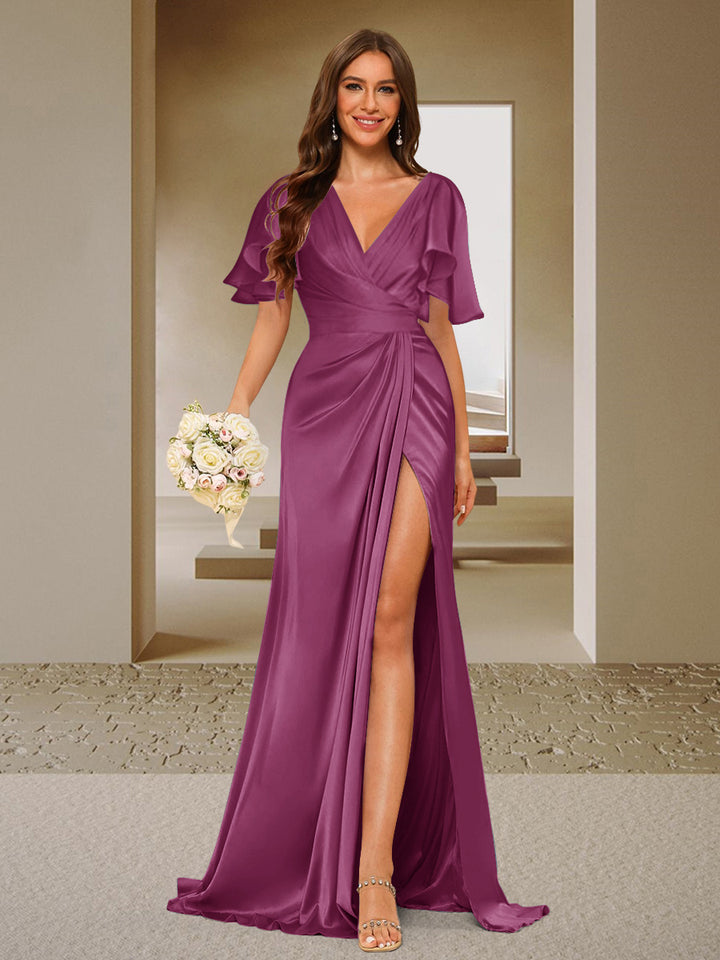 Trumpet/Mermaid V-Neck Short Sleeves Ruched Bridesmaid Dresses with Split Side &amp; Ruffles