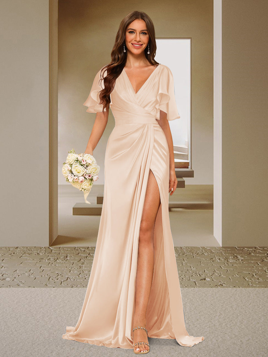 Trumpet/Mermaid V-Neck Short Sleeves Ruched Bridesmaid Dresses with Split Side & Ruffles