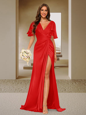 Trumpet/Mermaid V-Neck Short Sleeves Ruched Bridesmaid Dresses with Split Side & Ruffles