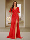 Trumpet/Mermaid V-Neck Short Sleeves Ruched Bridesmaid Dresses with Split Side & Ruffles