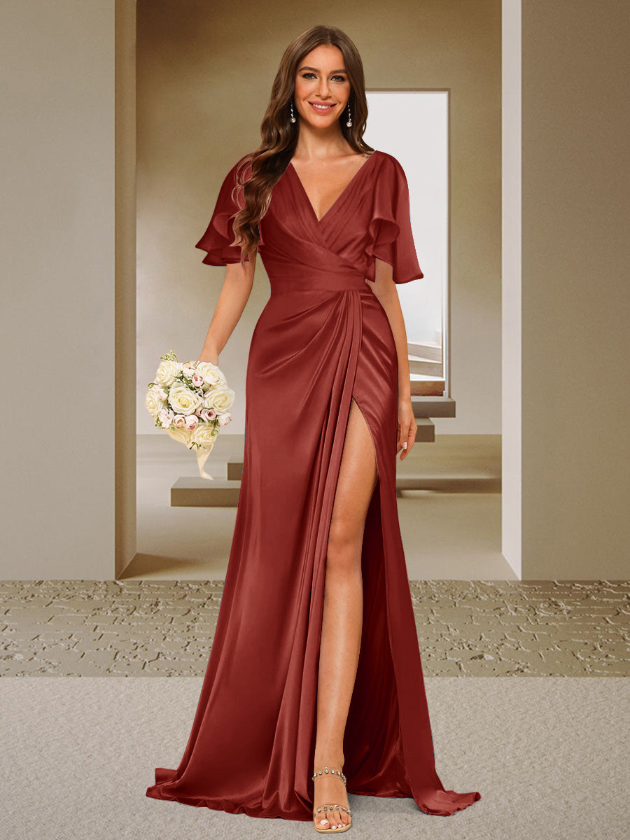 Trumpet/Mermaid V-Neck Short Sleeves Ruched Bridesmaid Dresses with Split Side &amp; Ruffles