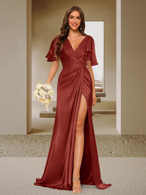 Trumpet/Mermaid V-Neck Short Sleeves Ruched Bridesmaid Dresses with Split Side & Ruffles