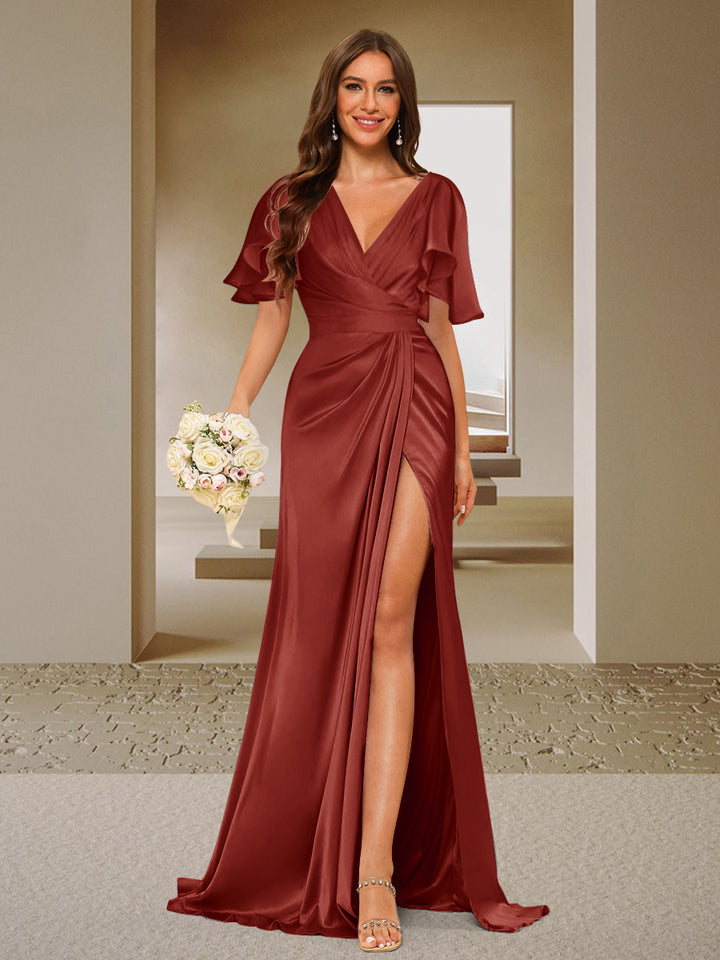 Trumpet/Mermaid V-Neck Short Sleeves Ruched Bridesmaid Dresses with Split Side &amp; Ruffles