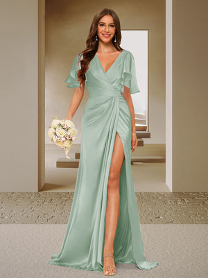 Trumpet/Mermaid V-Neck Short Sleeves Ruched Bridesmaid Dresses with Split Side & Ruffles