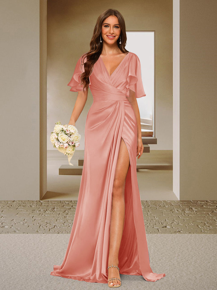 Trumpet/Mermaid V-Neck Short Sleeves Ruched Bridesmaid Dresses with Split Side &amp; Ruffles