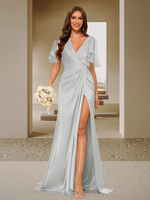 Trumpet/Mermaid V-Neck Short Sleeves Ruched Bridesmaid Dresses with Split Side & Ruffles