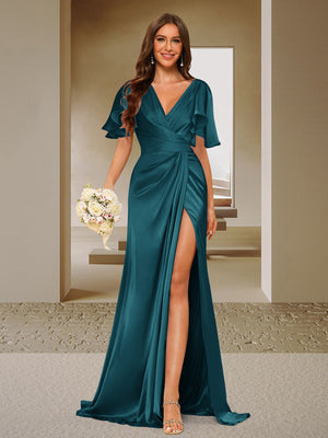 Trumpet/Mermaid V-Neck Short Sleeves Ruched Bridesmaid Dresses with Split Side & Ruffles