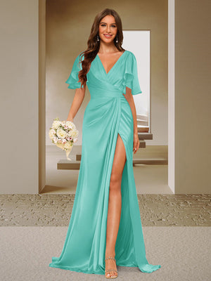 Trumpet/Mermaid V-Neck Short Sleeves Ruched Bridesmaid Dresses with Split Side & Ruffles