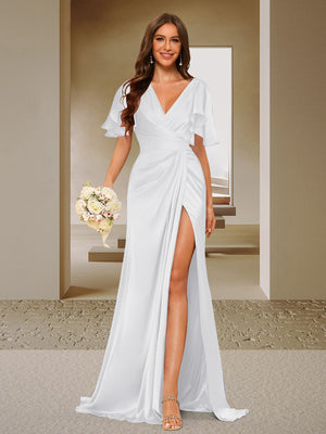 Trumpet/Mermaid V-Neck Short Sleeves Ruched Bridesmaid Dresses with Split Side & Ruffles