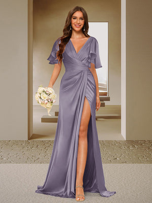 Trumpet/Mermaid V-Neck Short Sleeves Ruched Bridesmaid Dresses with Split Side & Ruffles