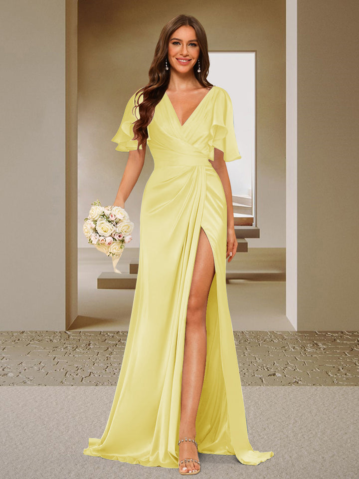 Trumpet/Mermaid V-Neck Short Sleeves Ruched Bridesmaid Dresses with Split Side &amp; Ruffles