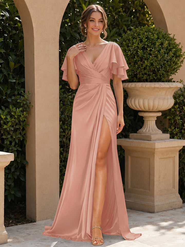 Trumpet/Mermaid V-Neck Short Sleeves Floor-Length Bridesmaid Dresses with Split Side &amp; Ruffles