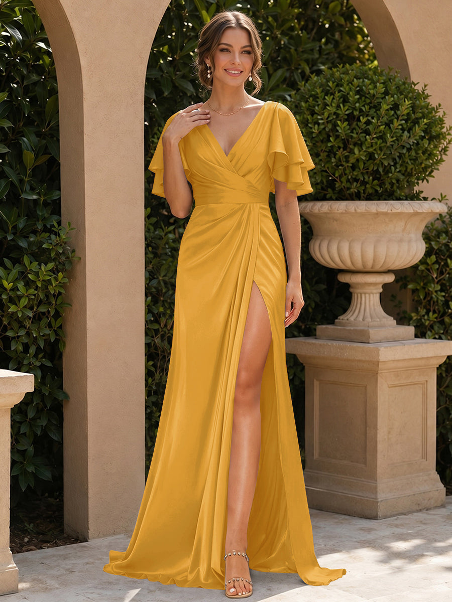 Trumpet/Mermaid V-Neck Short Sleeves Floor-Length Bridesmaid Dresses with Split Side &amp; Ruffles