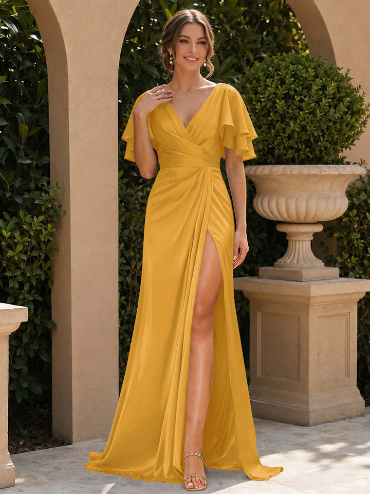 Trumpet/Mermaid V-Neck Short Sleeves Floor-Length Bridesmaid Dresses with Split Side &amp; Ruffles