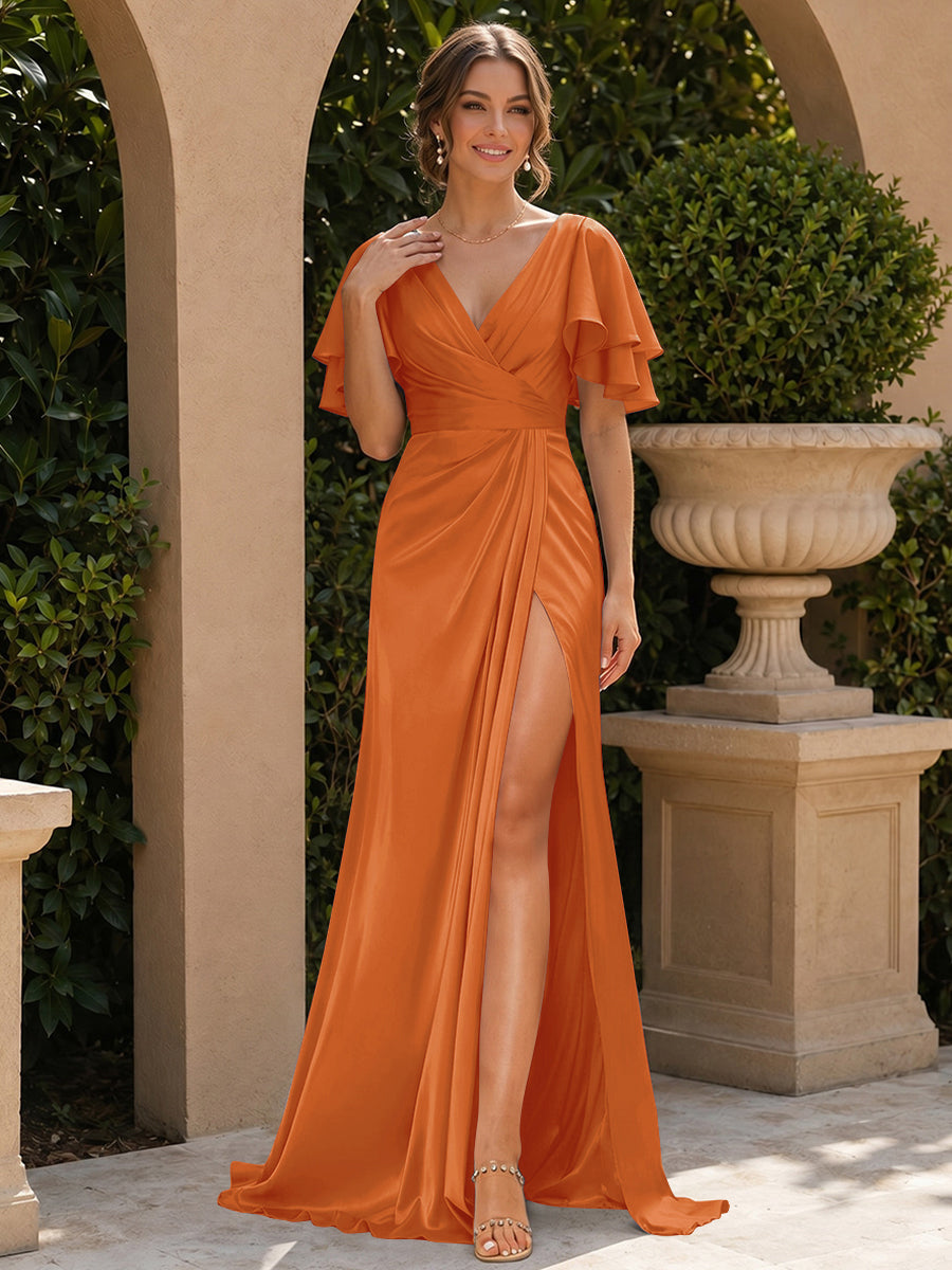 Trumpet/Mermaid V-Neck Short Sleeves Floor-Length Bridesmaid Dresses with Split Side &amp; Ruffles