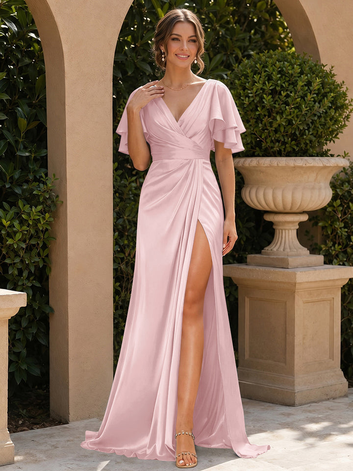 Trumpet/Mermaid V-Neck Short Sleeves Floor-Length Bridesmaid Dresses with Split Side &amp; Ruffles