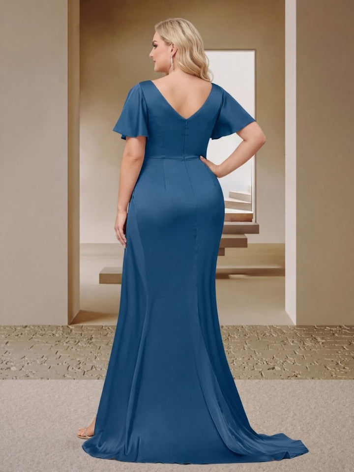 Trumpet/Mermaid V-Neck Short Sleeves Ruched Plus Size Bridesmaid Dresses with Split Side &amp; Ruffles