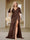 Trumpet/Mermaid V-Neck Short Sleeves Ruched Plus Size Bridesmaid Dresses with Split Side & Ruffles