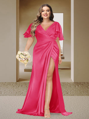 Trumpet/Mermaid V-Neck Short Sleeves Ruched Plus Size Bridesmaid Dresses with Split Side & Ruffles