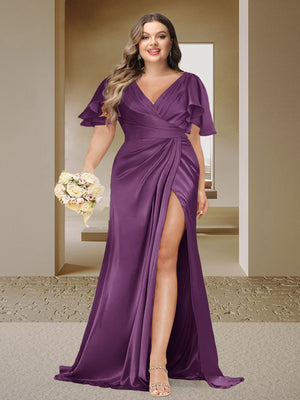 Trumpet/Mermaid V-Neck Short Sleeves Ruched Plus Size Bridesmaid Dresses with Split Side & Ruffles