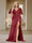 Trumpet/Mermaid V-Neck Short Sleeves Ruched Plus Size Bridesmaid Dresses with Split Side & Ruffles