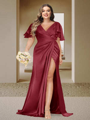 Trumpet/Mermaid V-Neck Short Sleeves Ruched Plus Size Bridesmaid Dresses with Split Side & Ruffles