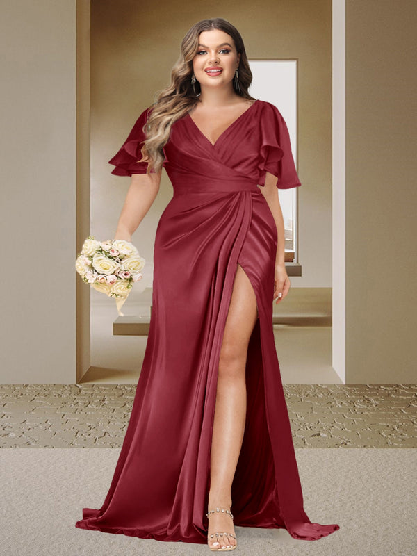 Trumpet/Mermaid V-Neck Short Sleeves Ruched Plus Size Bridesmaid Dresses with Split Side & Ruffles