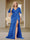 Trumpet/Mermaid V-Neck Short Sleeves Ruched Plus Size Bridesmaid Dresses with Split Side & Ruffles