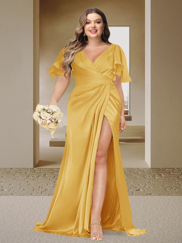 Trumpet/Mermaid V-Neck Short Sleeves Ruched Plus Size Bridesmaid Dresses with Split Side & Ruffles