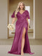 Trumpet/Mermaid V-Neck Short Sleeves Ruched Plus Size Bridesmaid Dresses with Split Side & Ruffles