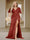Trumpet/Mermaid V-Neck Short Sleeves Ruched Plus Size Bridesmaid Dresses with Split Side & Ruffles