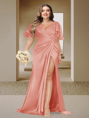 Trumpet/Mermaid V-Neck Short Sleeves Ruched Plus Size Bridesmaid Dresses with Split Side & Ruffles