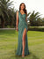Sheath/Column One-Shoulder Ruched Long Bridesmaid Dresses with Side Slit & Ruffles
