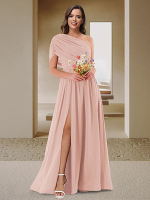 A-Line/Princess One-Shoulder Ruched Satin Bridesmaid Dresses with Side Slit