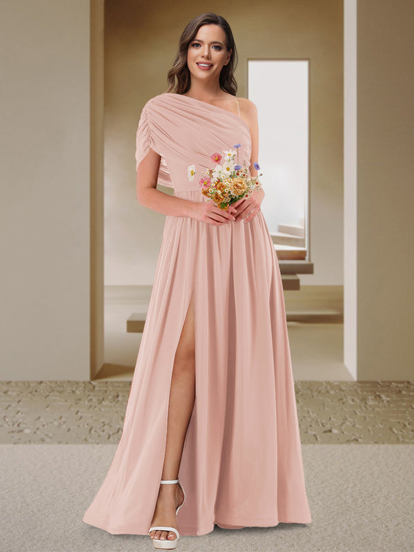 A-Line/Princess One-Shoulder Ruched Satin Bridesmaid Dresses with Side Slit