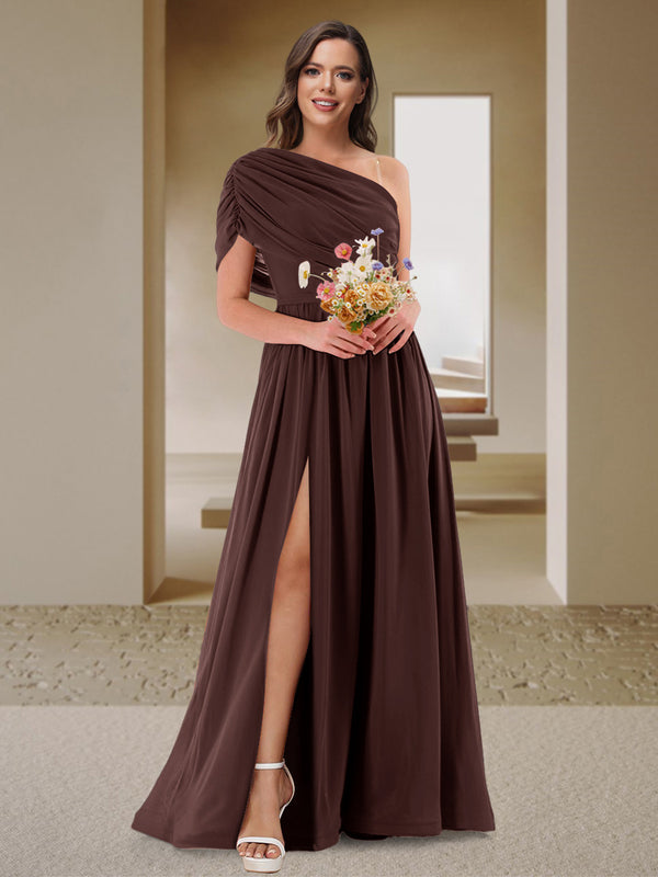 A-Line/Princess One-Shoulder Ruched Satin Bridesmaid Dresses with Side Slit