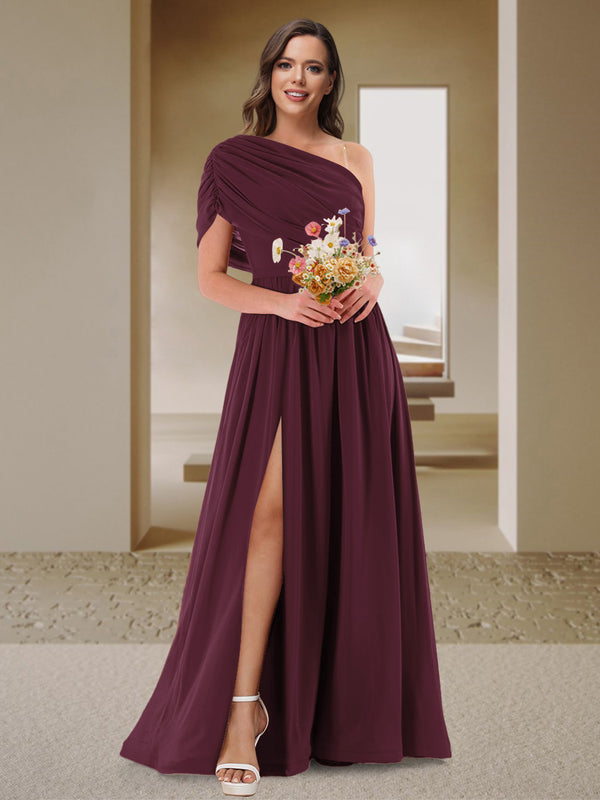 A-Line/Princess One-Shoulder Ruched Satin Bridesmaid Dresses with Side Slit