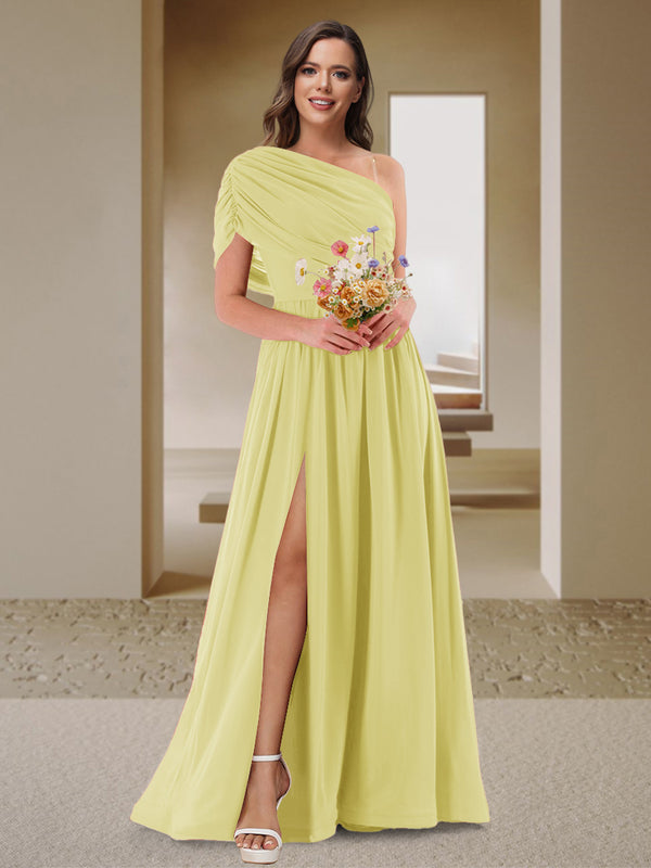 A-Line/Princess One-Shoulder Ruched Satin Bridesmaid Dresses with Side Slit