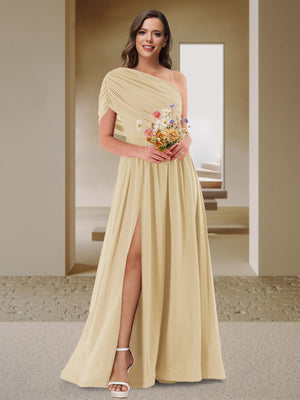 A-Line/Princess One-Shoulder Ruched Satin Bridesmaid Dresses with Side Slit